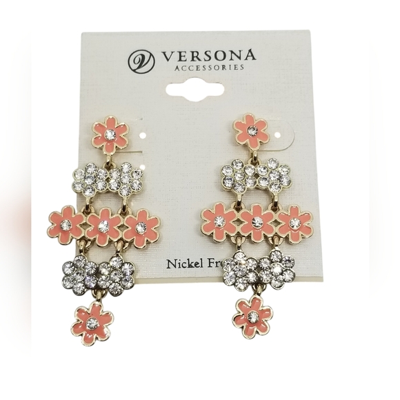 VERSONA NWT PEACHY PINK & CRYSTAL DAISY DROP EARRINGS - Picture 1 of 4